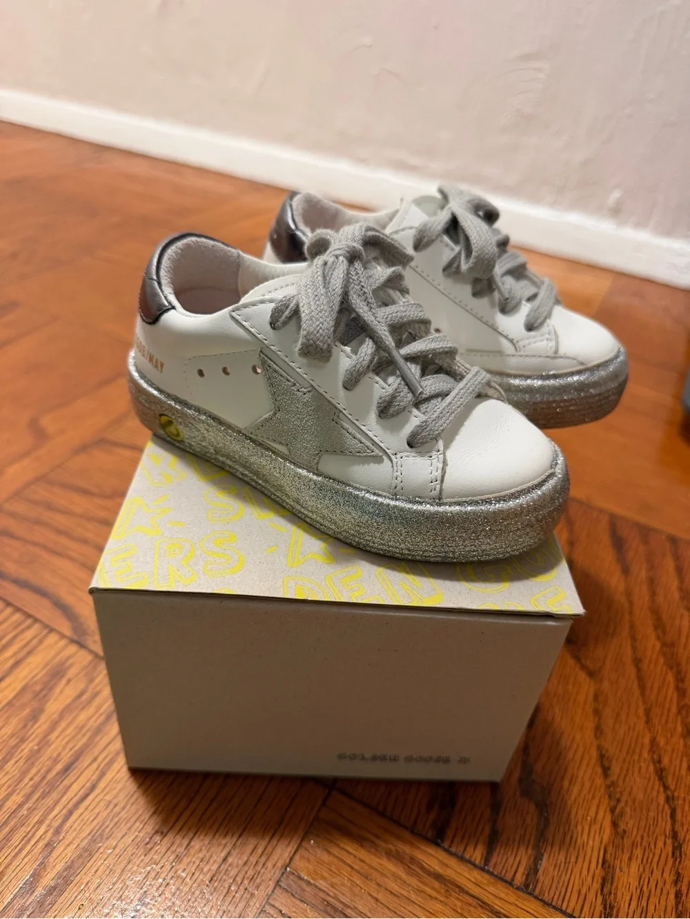 New - Golden Goose Kids White Sneakers with Silver Glitter Trim